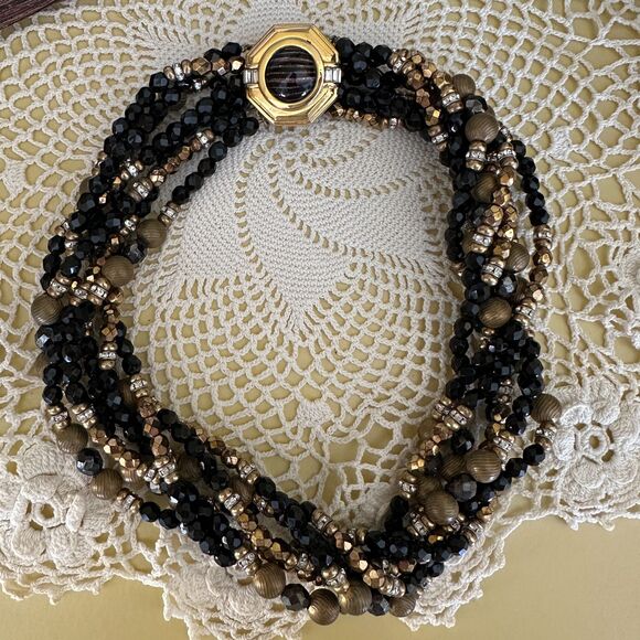 Vintage Diva Multi Strand Beaded Statement Necklace Black and Gold Bold Costume - Picture 4 of 7